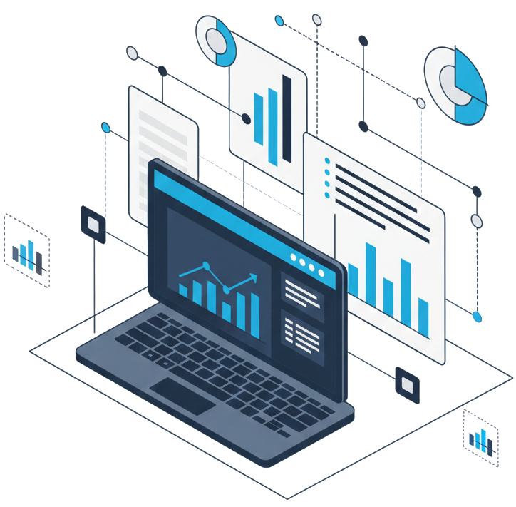 Mockup de um notebook moderno exibindo a interface do sistema xShark, com gráficos de desempenho e menus de gestão comercial.