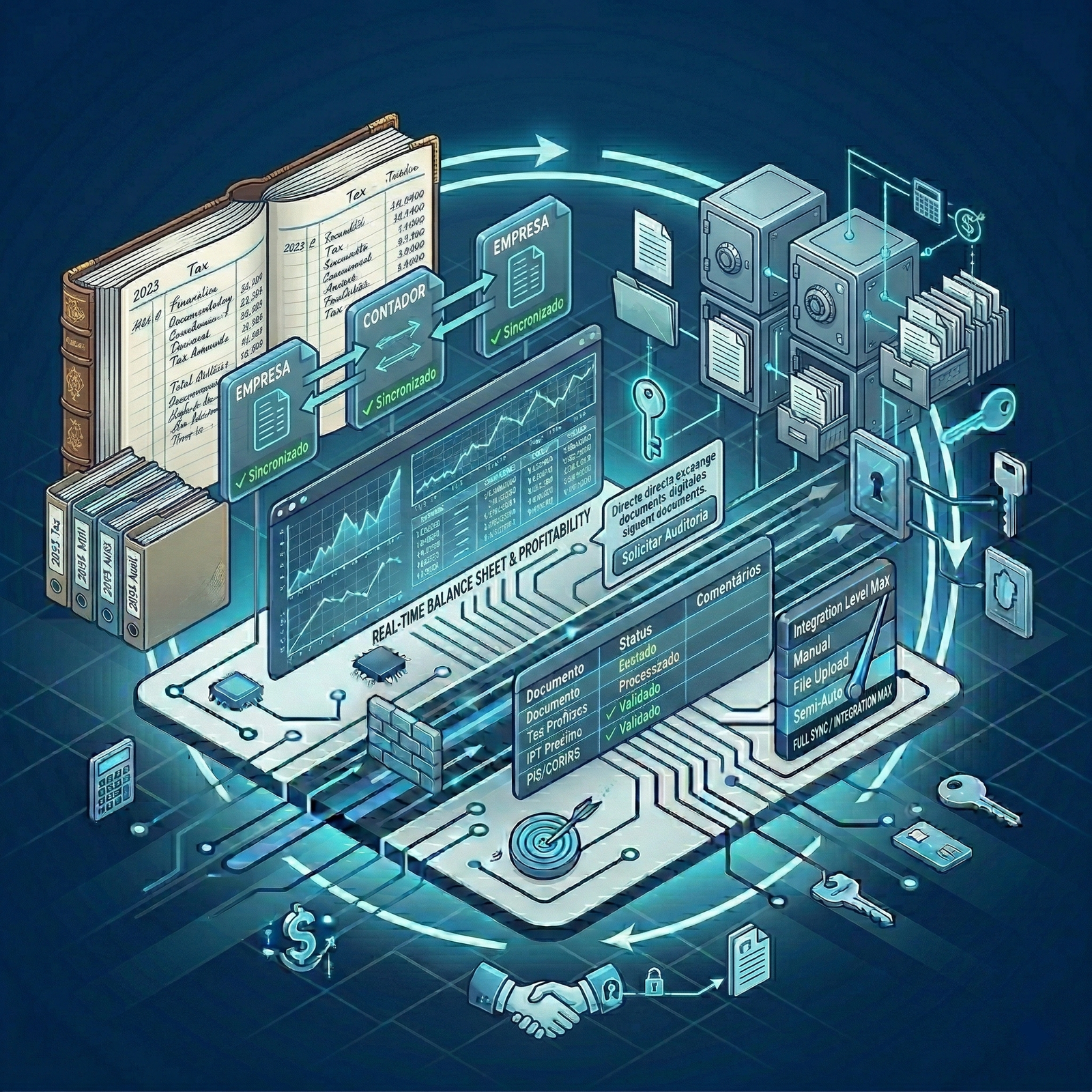 Representação visual de conexão ou troca de documentos, simbolizando o envio direto de arquivos para a contabilidade.