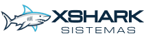 Logotipo da xShark Sistemas apresentando o ícone de um tubarão azul estilizado à esquerda do nome da marca.