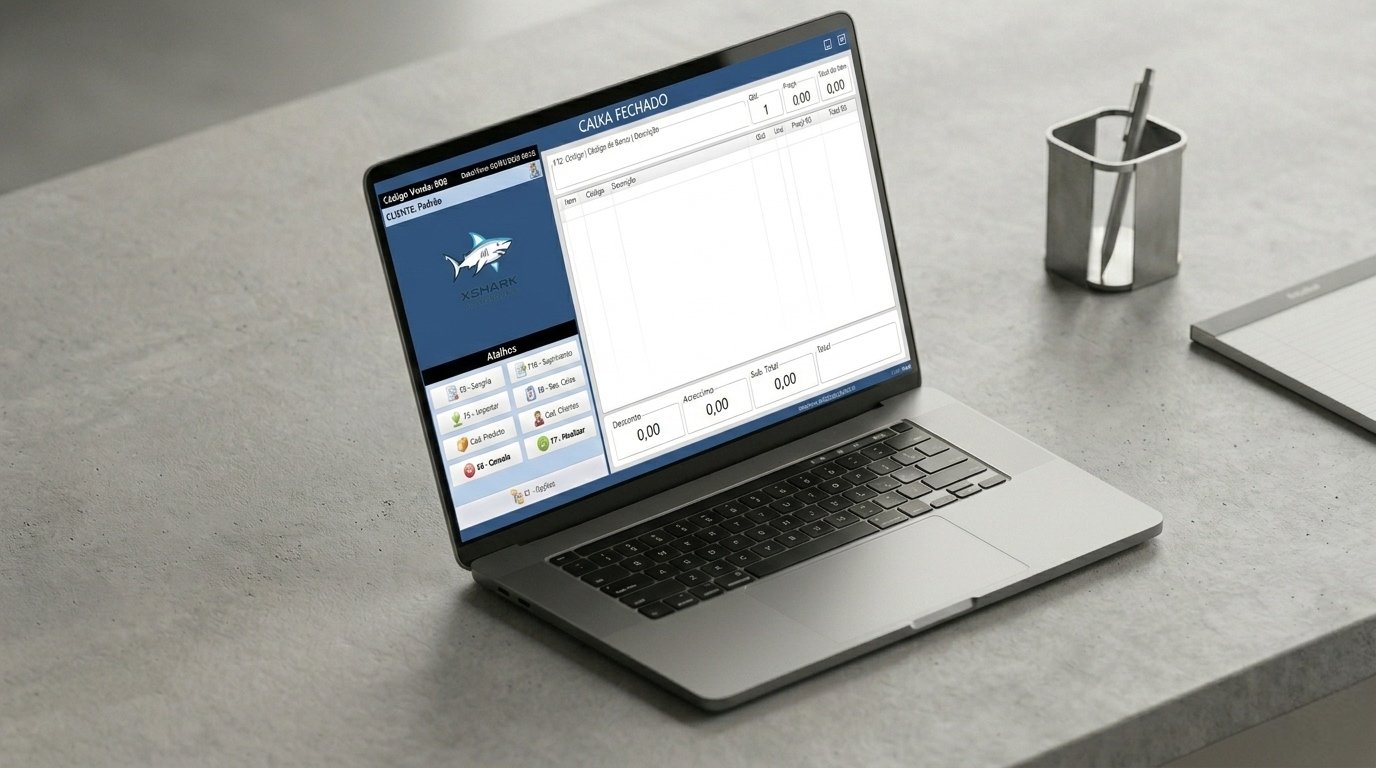 Mockup do módulo PDV (Frente de Caixa) do xShark Sistemas, mostrando a tela de vendas rápidas com atalhos de funções e listagem de itens.