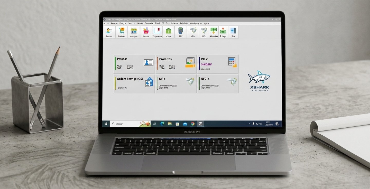 Mockup da tela inicial do xShark Sistemas em um notebook, exibindo o dashboard principal com indicadores de vendas, orçamentos e ordens de serviço.