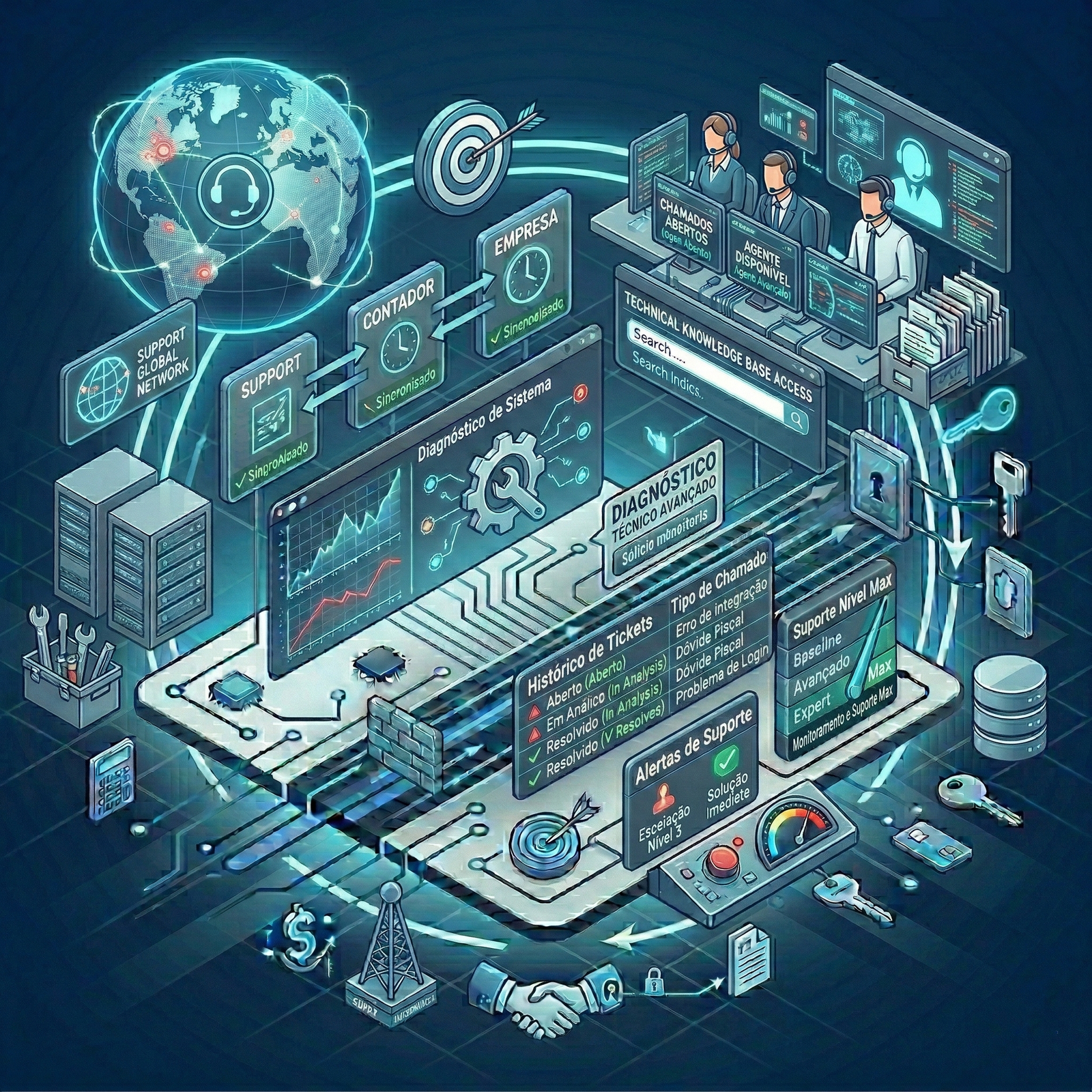 Ilustração de um atendente com headset ou ícone de mensagem, simbolizando o suporte técnico especializado via WhatsApp.
